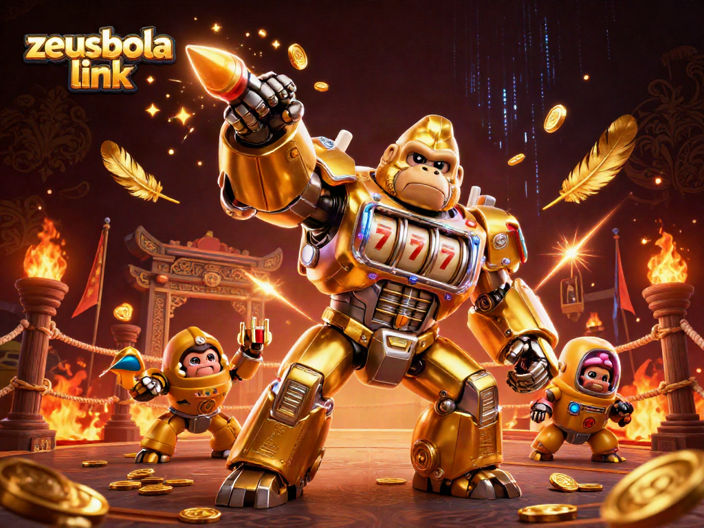 Experience the excitement of zeusbola link with a golden gorilla mech in a vibrant casino setting.