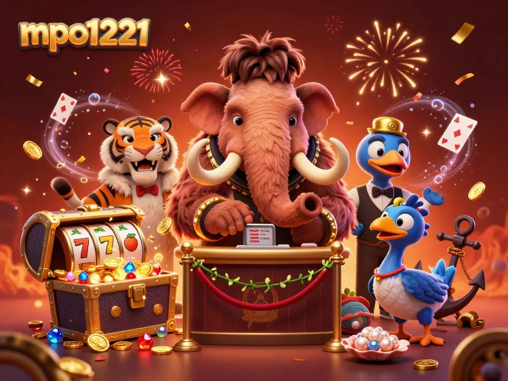 Engage with mpo1221 as a woolly mammoth bouncer oversees a vibrant casino scene filled with slot machines and festive elements.