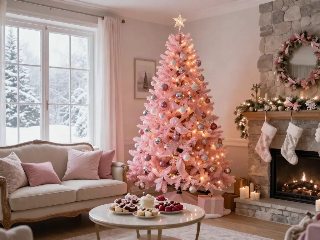 Cozy pink Xmas tree in a beautifully decorated living room.