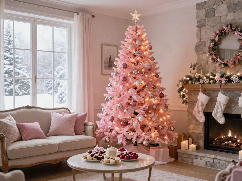 Cozy pink Xmas tree in a beautifully decorated living room.