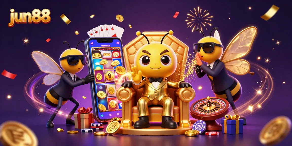 Spin the reels at jun88 with this vibrant 3D casino scene, featuring a playful bumblebee mob boss amidst golden coins and cards.