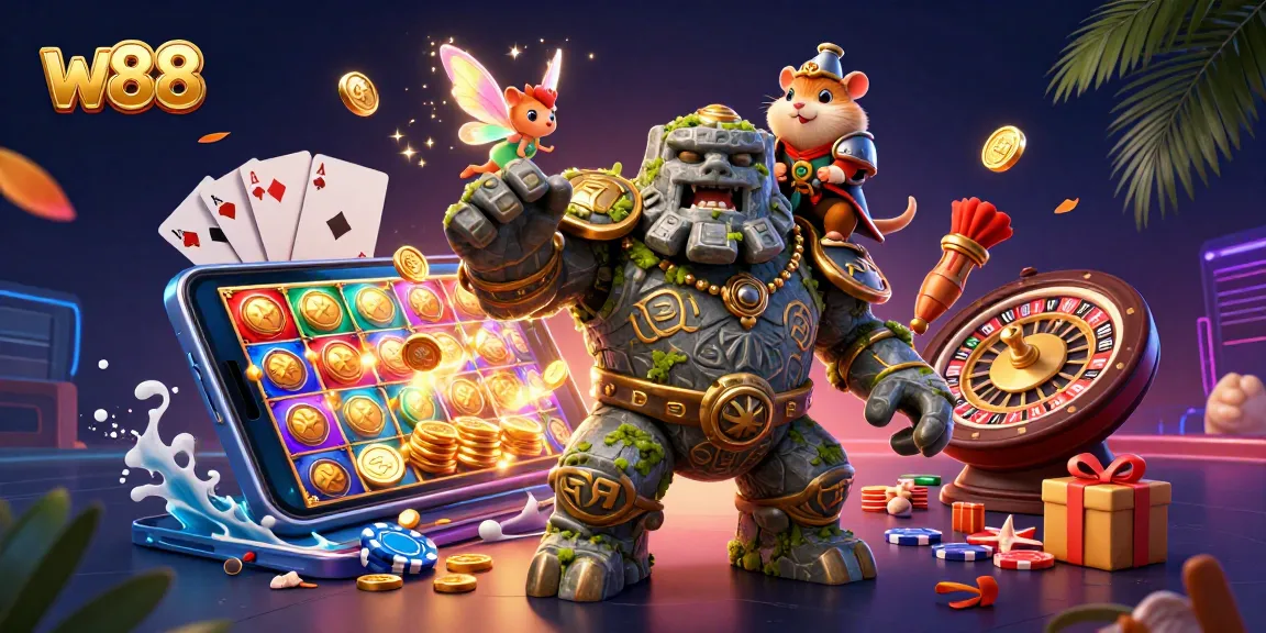 khám phá w88 với hình ảnh golem bảo vệ kỳ diệu và knight nhỏ trong thế giới casino