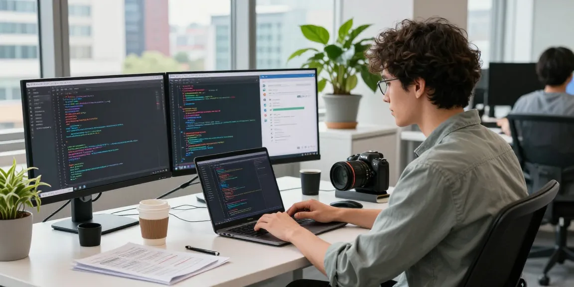 Developer coding with 纸飞机中文版 messaging app interface in a modern office environment.