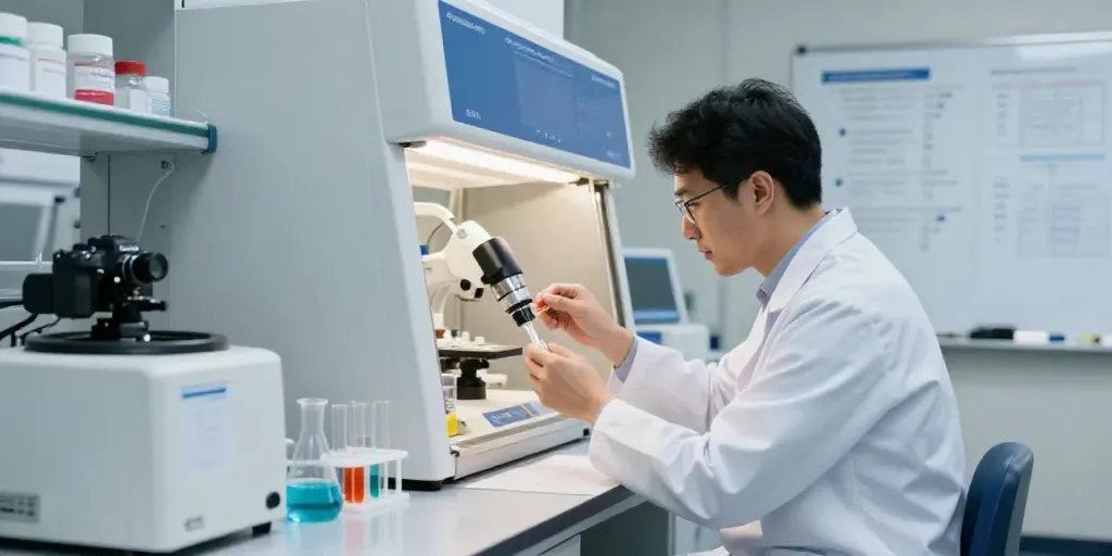 Scientist analyzing SwissChem peptides in a modern lab.