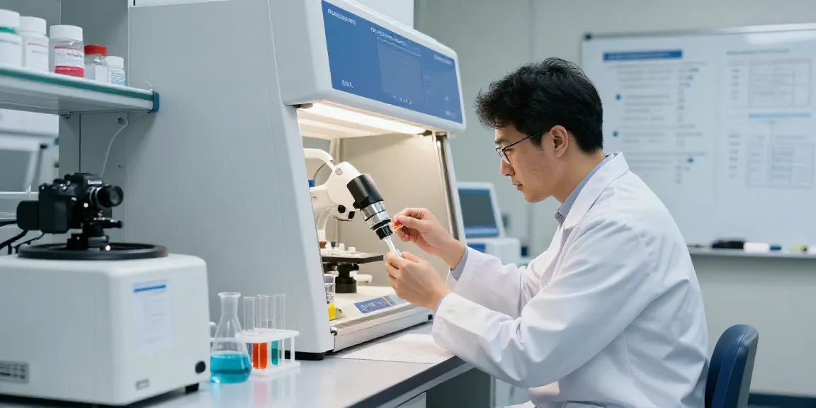 Scientist analyzing SwissChem peptides in a modern lab.