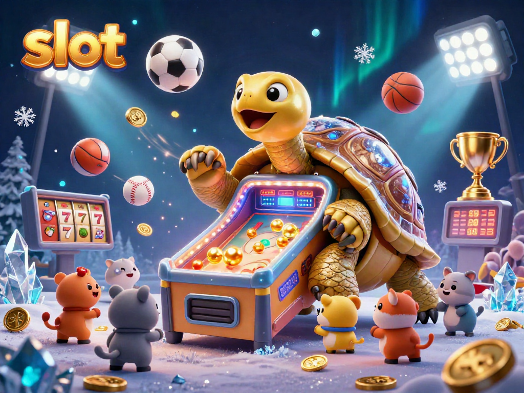 Experience thrilling slot gameplay with a colossal tortoise pinball machine and vibrant symbols!