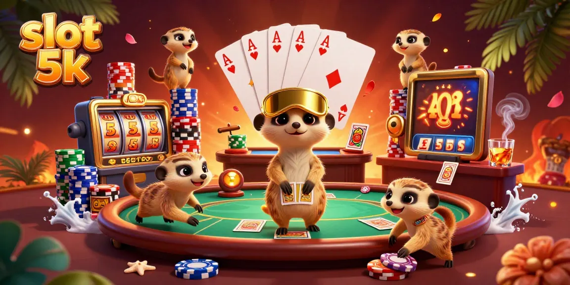 Experience thrilling slot 5k action in a cartoon casino with meerkats, chips, and jackpot excitement.