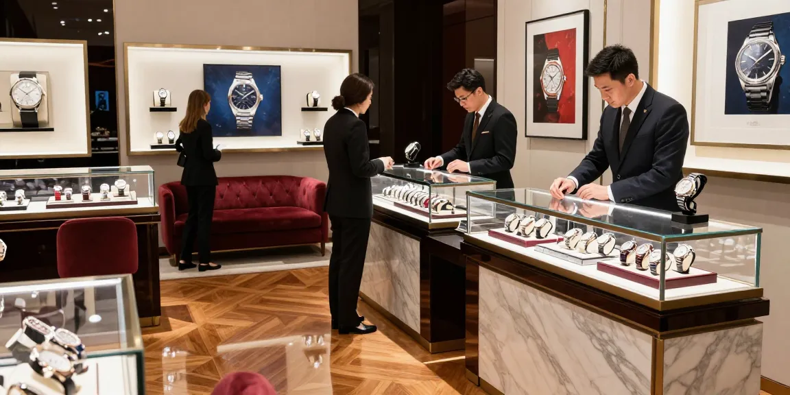 Showcasing premium replica watches in a luxurious showroom with expert assistance.