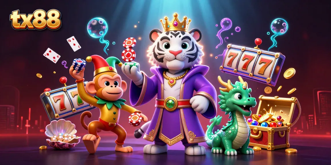 Engage with tx88's vibrant casino world featuring a white tiger, monkey, and jade dragon.