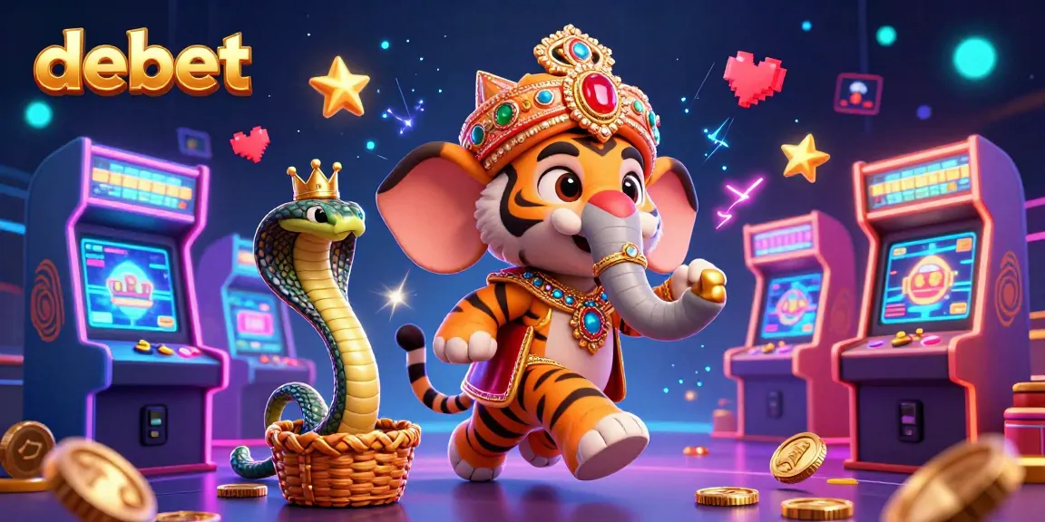 Experience excitement with debet's vibrant 3D casino scene featuring a tiger, elephant, and cobra.
