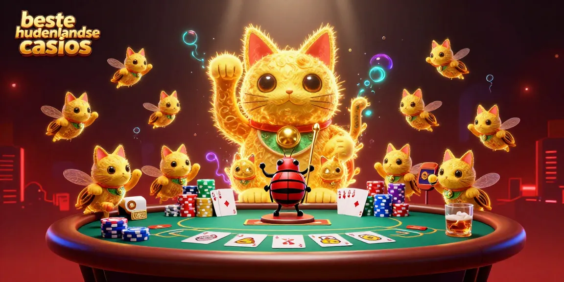 Experience the best buitenlandse casinos with our lively 3D dynamic illustration of a lucky cat and poker elements.