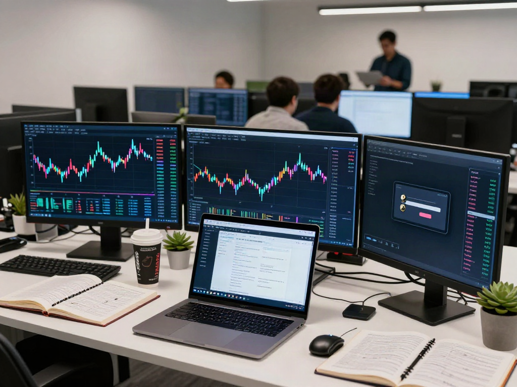 Real-time forex API illustration with currency charts and cryptocurrency strategies, featuring 外汇实时汇率接口.