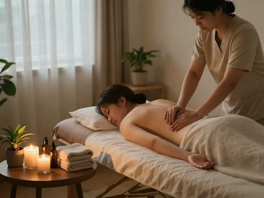 Enjoy a soothing 안산출장마사지 session in a tranquil home setting with essential oils and warm lighting.