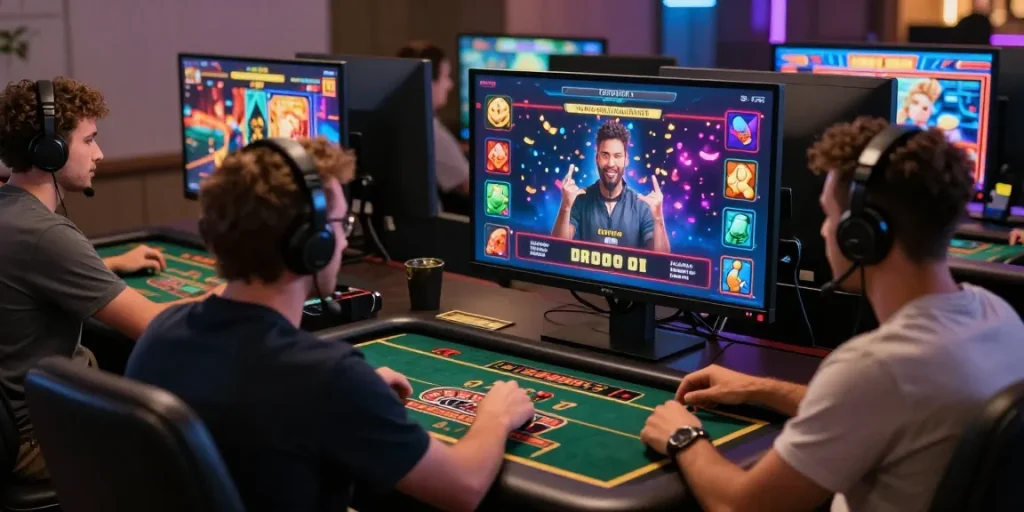 Scène engageante de casino en ligne France avec des joueurs divers profitant des jeux dans un environnement numérique vibrant.