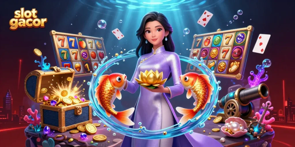 Experience the thrill of slot gacor with a dazzling scene featuring an elegant woman and vibrant gaming elements.