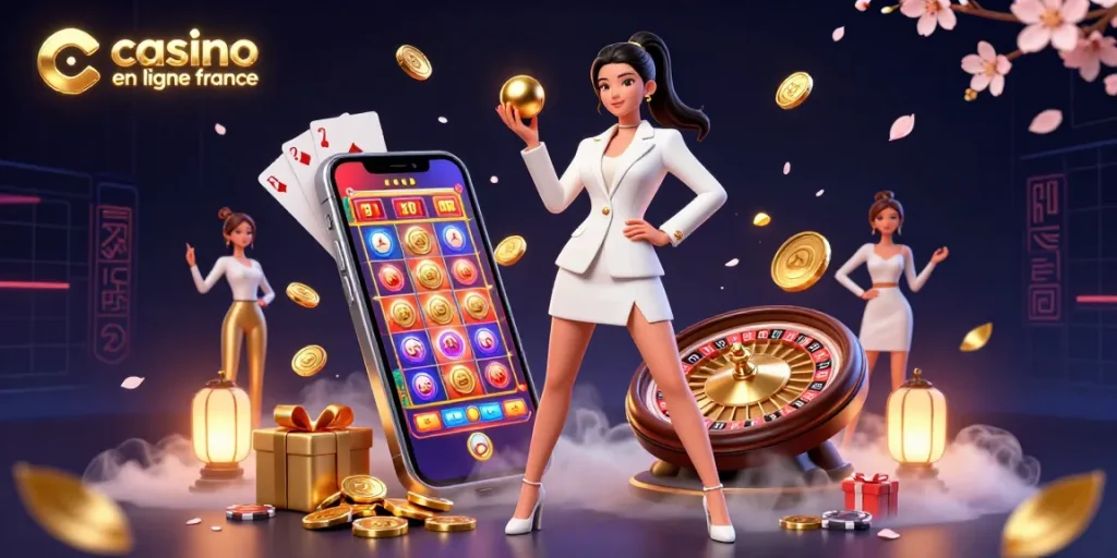 Participez à un casino en ligne France de premier plan grâce à une illustration 3D vibrante mettant en scène une femme confiante et des éléments de jeu dynamiques.