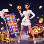 Participez à un casino en ligne France de premier plan grâce à une illustration 3D vibrante mettant en scène une femme confiante et des éléments de jeu dynamiques.