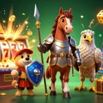 Découvrez l'excitation du casino en ligne France avec un chevalier en 3D, un écuyer et un faucon dans une scène de jackpot remplie.