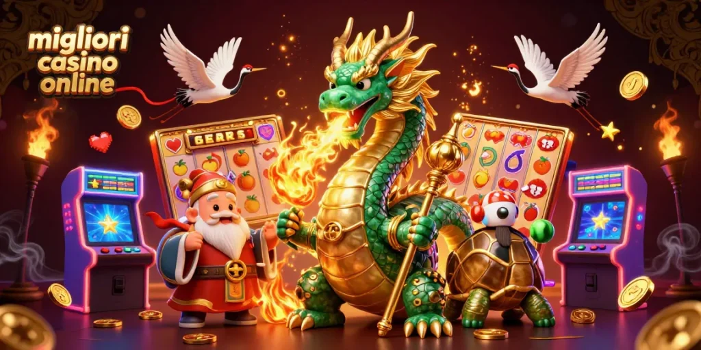 Vivi l'emozione dei migliori casino online con personaggi vibranti e elementi da casinò in questa illustrazione dettagliata.