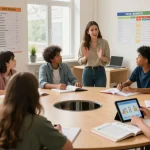 Corsi di francese in Francia ambiente di aula con studenti impegnati in conversazione.