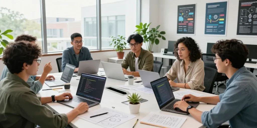 Team of professionals discussing openclaw skill development in a modern workspace.