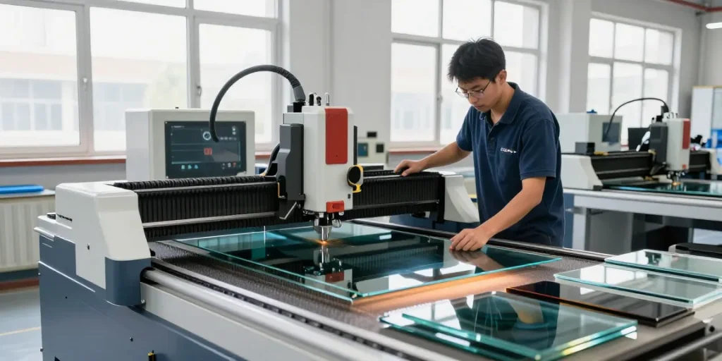CNC glass cutting machine in use, showcasing precision glass cutting in a modern workshop.