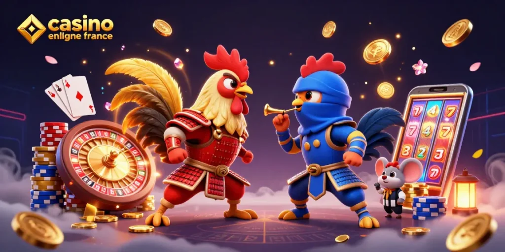 Experience thrilling gameplay at casino en ligne france with lively illustrated roosters in dramatic standoff.