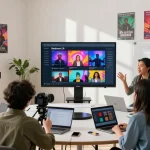 Team of creators using Seedance 2.0 for collaborative video production in a modern studio.