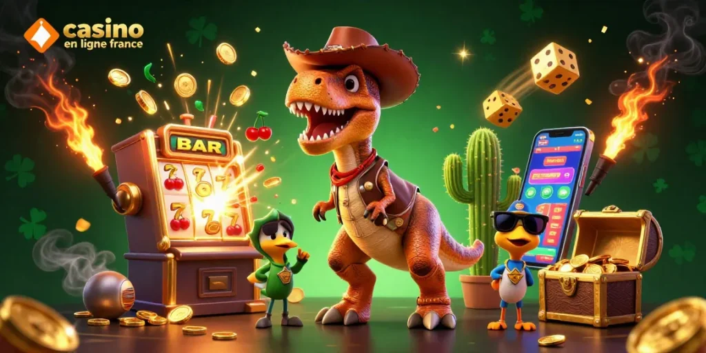 Gagnez gros au casino en ligne France avec un dinosaure animé et une explosion de jackpot.