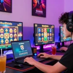 Engaging online gaming scene with Benihtoto link on laptop, highlighting colorful slot graphics.