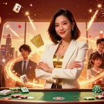 Vivez des frissons de casino avec la femme d'affaires élégante au casino en ligne France, entourée d'éléments de jeu luxueux et de visuels festifs.