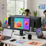 Digital artists collaborating using the innovative nano banana AI image editor in a vibrant creative workspace.