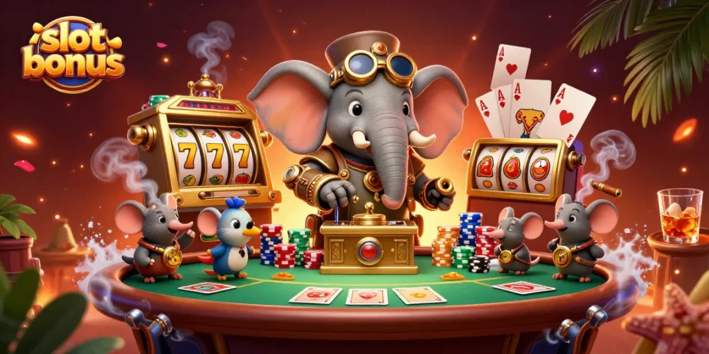 Engage with thrilling slot bonuses in this colorful casino scene featuring unique characters and game elements.