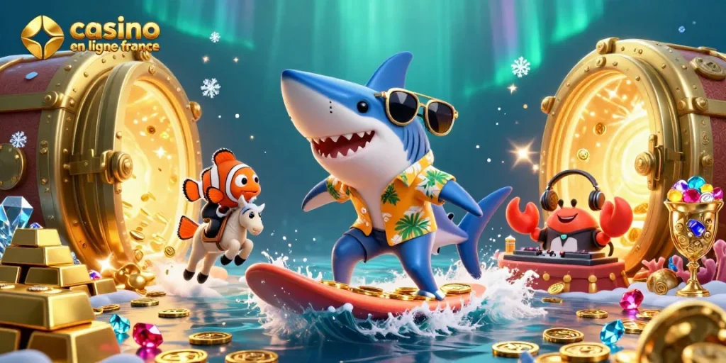 Découvrez l'excitation du casino en ligne France avec une scène sous-marine vibrante mettant en scène des personnages animés.