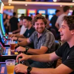 Pengunjung kasino memainkan slot dengan semangat dan suasana meriah.