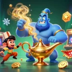 Engage in game bài đổi thưởng with a vibrant 3D scene featuring a blue genie, magic carpet, and casino elements.
