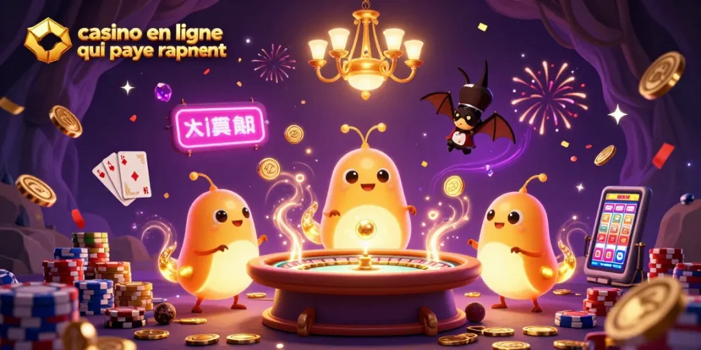 Jouez dans un casino en ligne qui paye rapidement avec cette illustration dynamique d'un casino éclairé par des vers luisants.