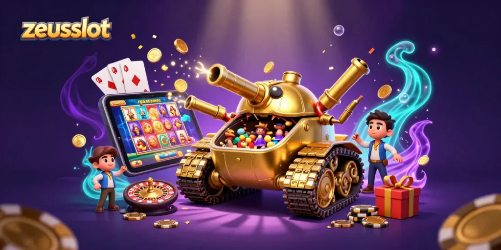 Experience zeusslot excitement in a vibrant 3D casino scene filled with colorful slot games and golden coins.