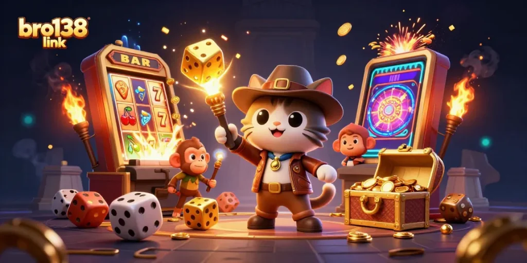 Win big with the bro138 link at a vibrant online casino illustrated scene with dynamic game elements.