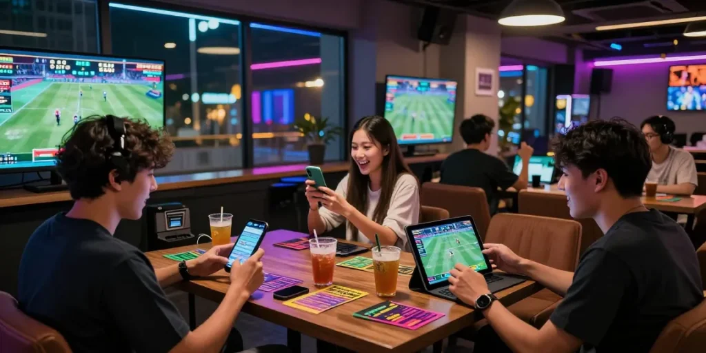 Engaged sports fans enjoying Link Alternatif Bola88 in a modern gaming lounge with real-time betting excitement.