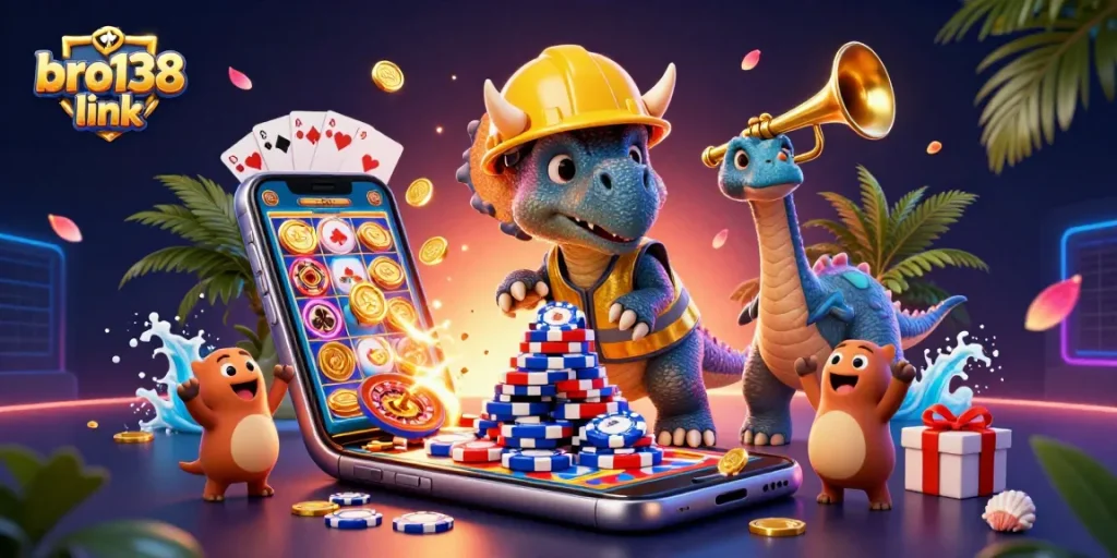 Celebrate winning at bro138 link with a vibrant scene of gaming fun featuring a triceratops!