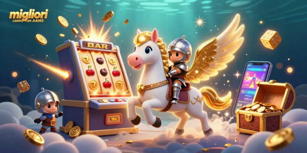 Interagisci con i migliori casino non AAMS attraverso immagini ricche che presentano una scena celestiale di slot e premi.