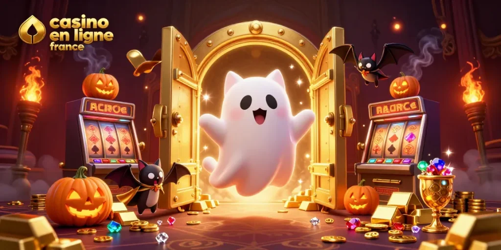 Jouer au casino en ligne France avec un chat fantôme amusant parmi des trésors et des symboles de jeux.
