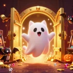 Jouer au casino en ligne France avec un chat fantôme amusant parmi des trésors et des symboles de jeux.