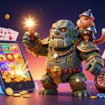 Explorez le meilleur casino en ligne avec un golem magique et un hamster chevalier, entourés de jeux et de pièces d'or.