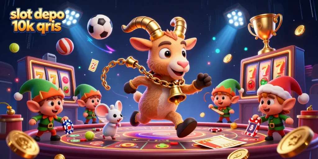 Experience thrilling slot depo 10k qris gaming with festive characters and dynamic casino elements in this vibrant illustration