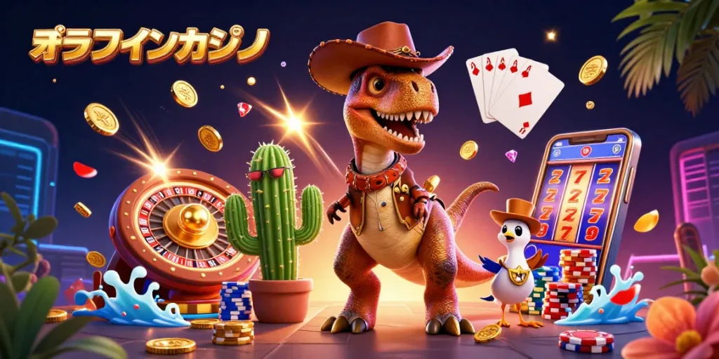 オンラインカジノで楽しむダイナソーキャラクターたちが豪華なゲーム要素で盛り上がるシーン