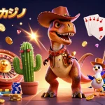 オンラインカジノで楽しむダイナソーキャラクターたちが豪華なゲーム要素で盛り上がるシーン