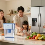 Family enjoying fresh water from the Waterdrop Alkaline DA97-17376B Water Filter in a modern kitchen