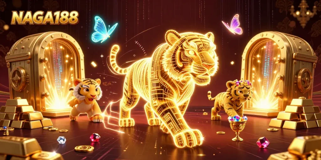 NAGA188 menghadirkan kasino digital dengan harimau emas bercahaya dan petualangan model 3D.